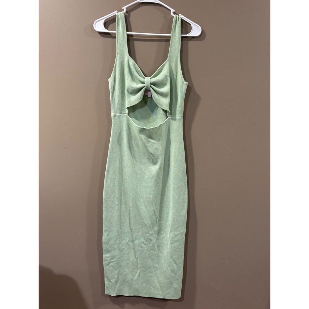 Pink Lily Sage Green Ribbed Knit Bow Front Cutout Midi Dress Size Large